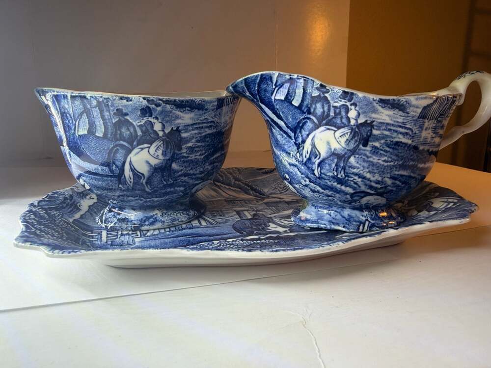 James Kent Old Foley Blue and White Rural Scenes Creamer, Sugar Bowl, and Tray S - Picture 4 of 4